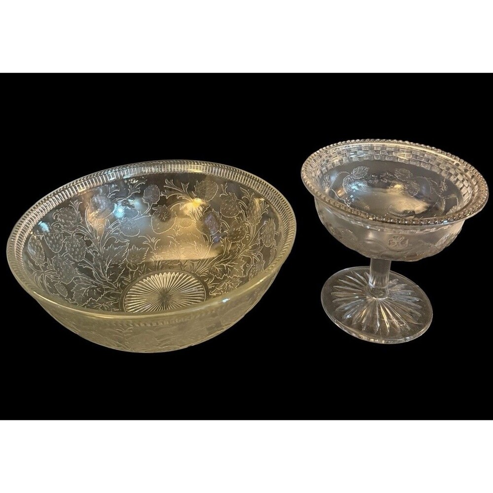 Vtg Pair Clear Glass Strawberry Bowl & Open Compote Candy Dish Starburst Base
